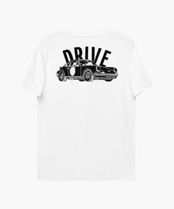 White Organic Cotton T-Shirt With Black 911 Drive Porsche Illustration On Back