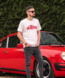 Cool 100% Organic Cotton White T-Shirt With Red 911 Porsche On Front