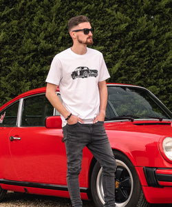 White Organic Cotton T-Shirt With Black 911 Porsche Illustration