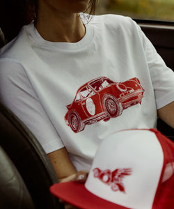 100% Organic Cotton White T-Shirt With Red 911 Porsche On Front & Back