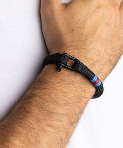 Martini Racing Stripes Inspired Black Rope Bracelet With Outlaw Black D Shackle 