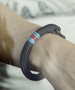 Martini Racing Stripes On Black Rope Bracelet With Black Outlaw Steel D Shackle