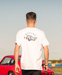  Premium White T-Shirt With Outlaw 911 Vintage Racer On Back