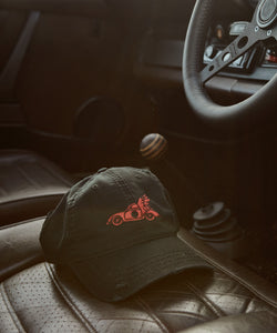 Winged Mobil 1 Inspired 356 Porsche Embroidery On Black Distressed Baseball Cap