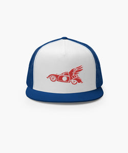 Red Mobil 1 Pegasus Inspired 356 Porsche Embroidered On White & Blue Trucker Cap Snap Back