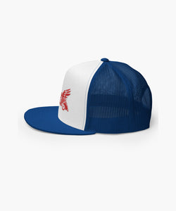 Red Mobil 1 Pegasus Inspired 356 Porsche Embroidered On White & Blue Trucker Cap