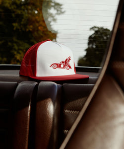 Red Mobil 1 Pegasus Inspired 356 Porsche Embroidered On White & Red Trucker Cap Snap Back