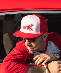 Mobil 1 Pegasus Inspired 356 Porsche Embroidered On White & Red Trucker Cap Snap Back