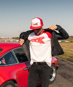 Red Mobil 1 Pegasus Inspired 356 Porsche On Red Sleeved Baseball T-Shirt